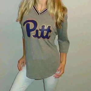 Pink by Victoria's Secret Gray Pittsburgh 3/4 Sleeve V-neck Stud T-shirt top S